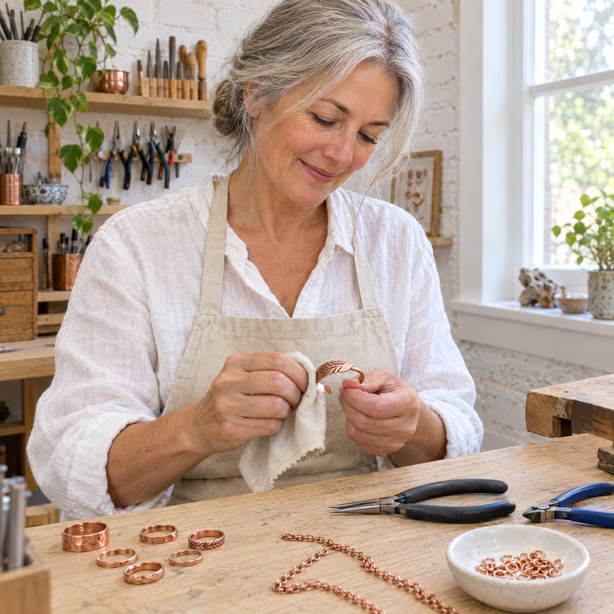 June's Feather Copper Bracelet – pure copper bracelet on a warm neutral background - photo 5