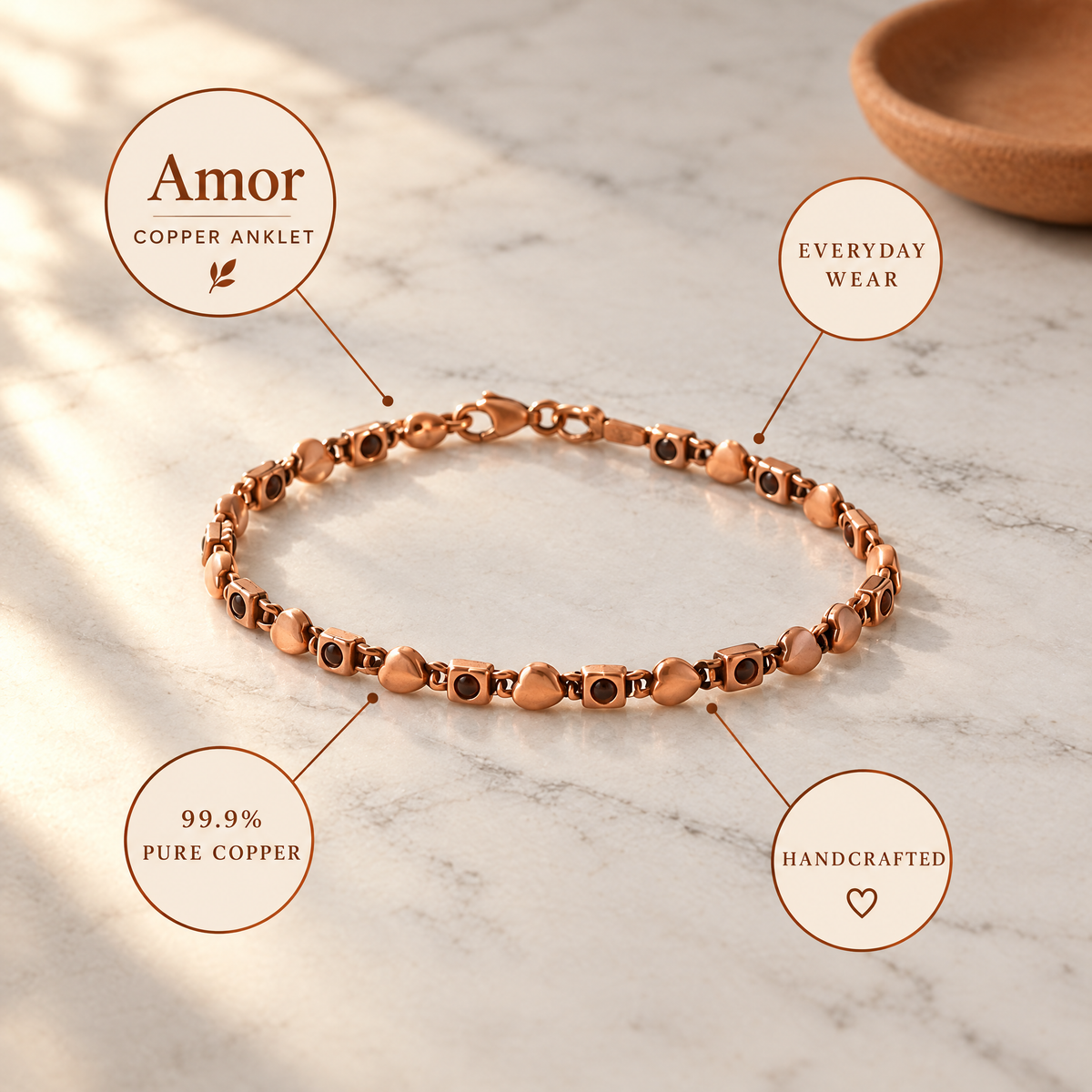 June's Amor Copper Anklet – pure copper anklet on a warm neutral background - photo 4
