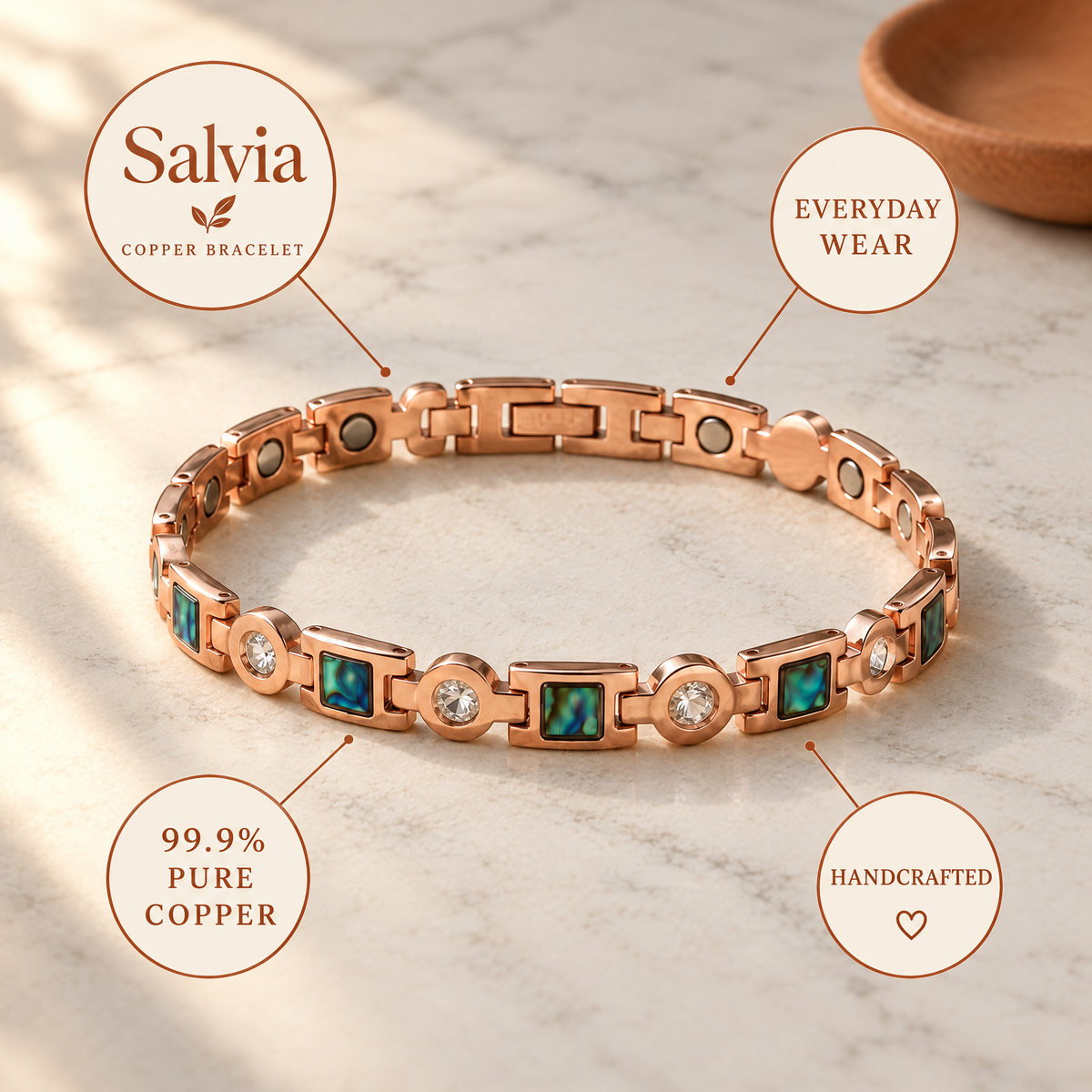 June's Salvia Big Copper Bracelet – pure copper bracelet on a warm neutral background - photo 4