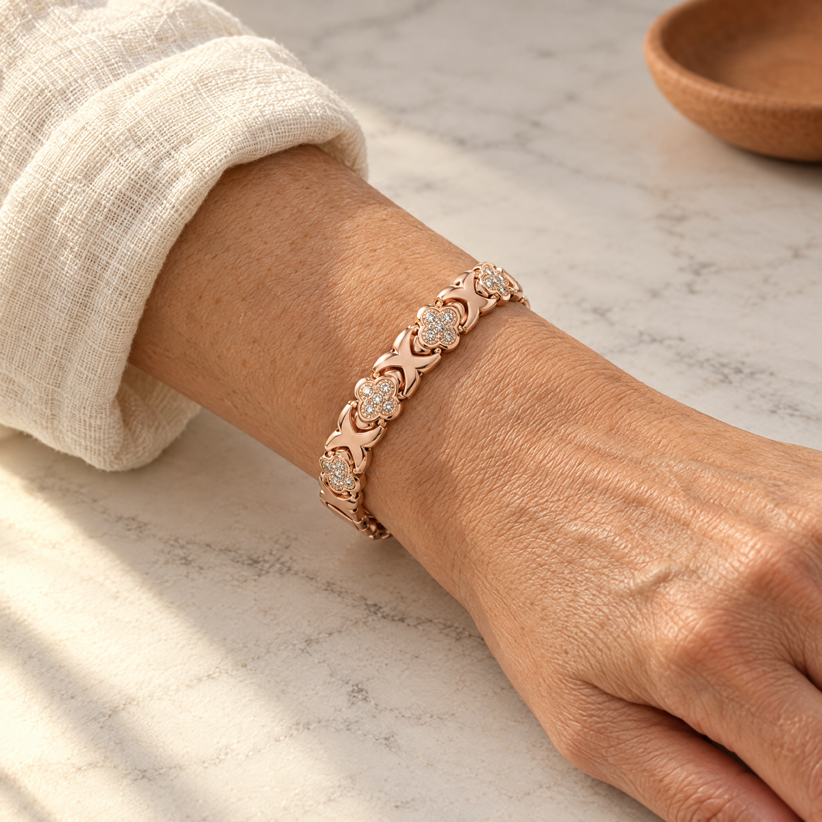 June's Azul Copper Bracelet – pure copper bracelet on a warm neutral background - photo 2