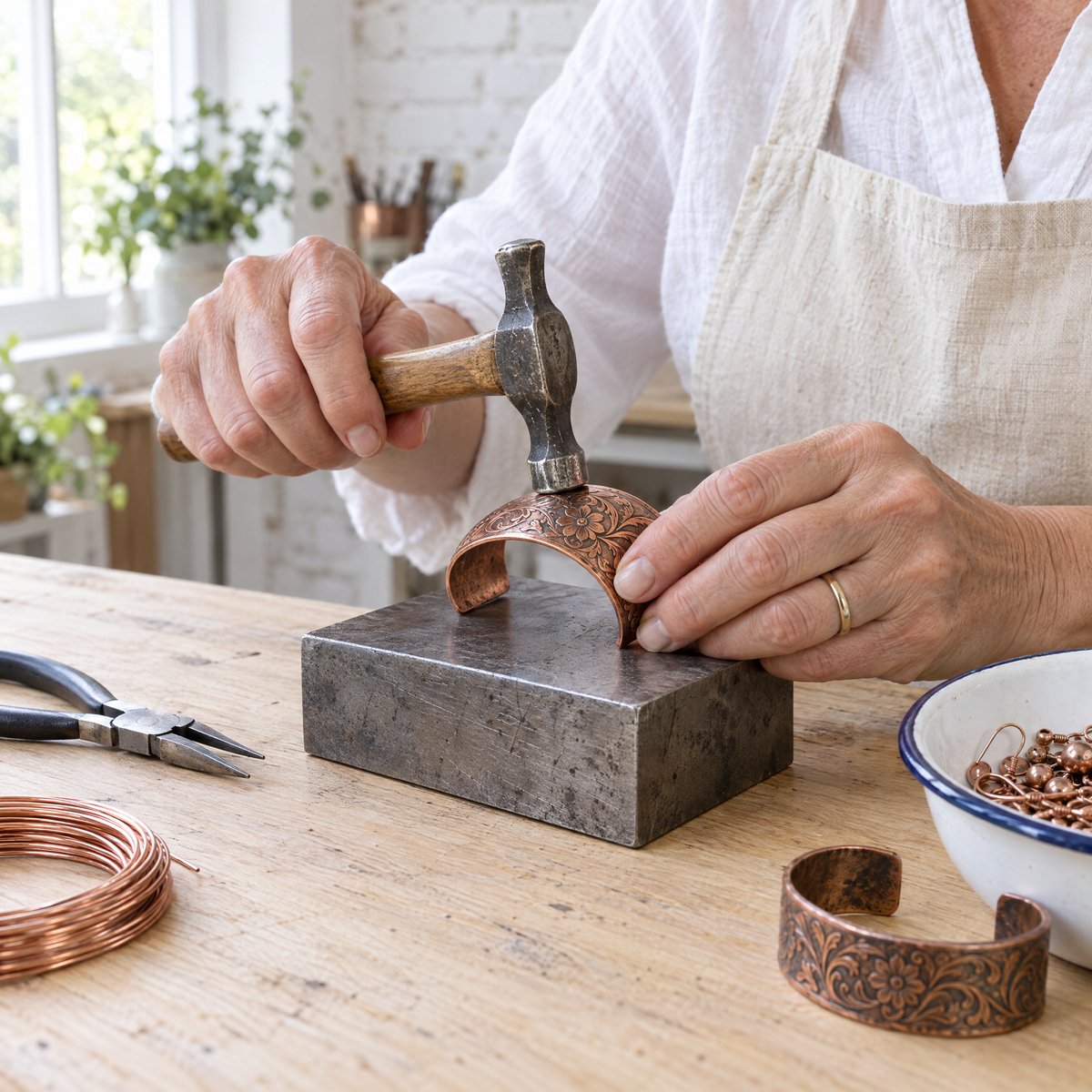 June's Sprig Copper Bracelet – pure copper bracelet on a warm neutral background - photo 4