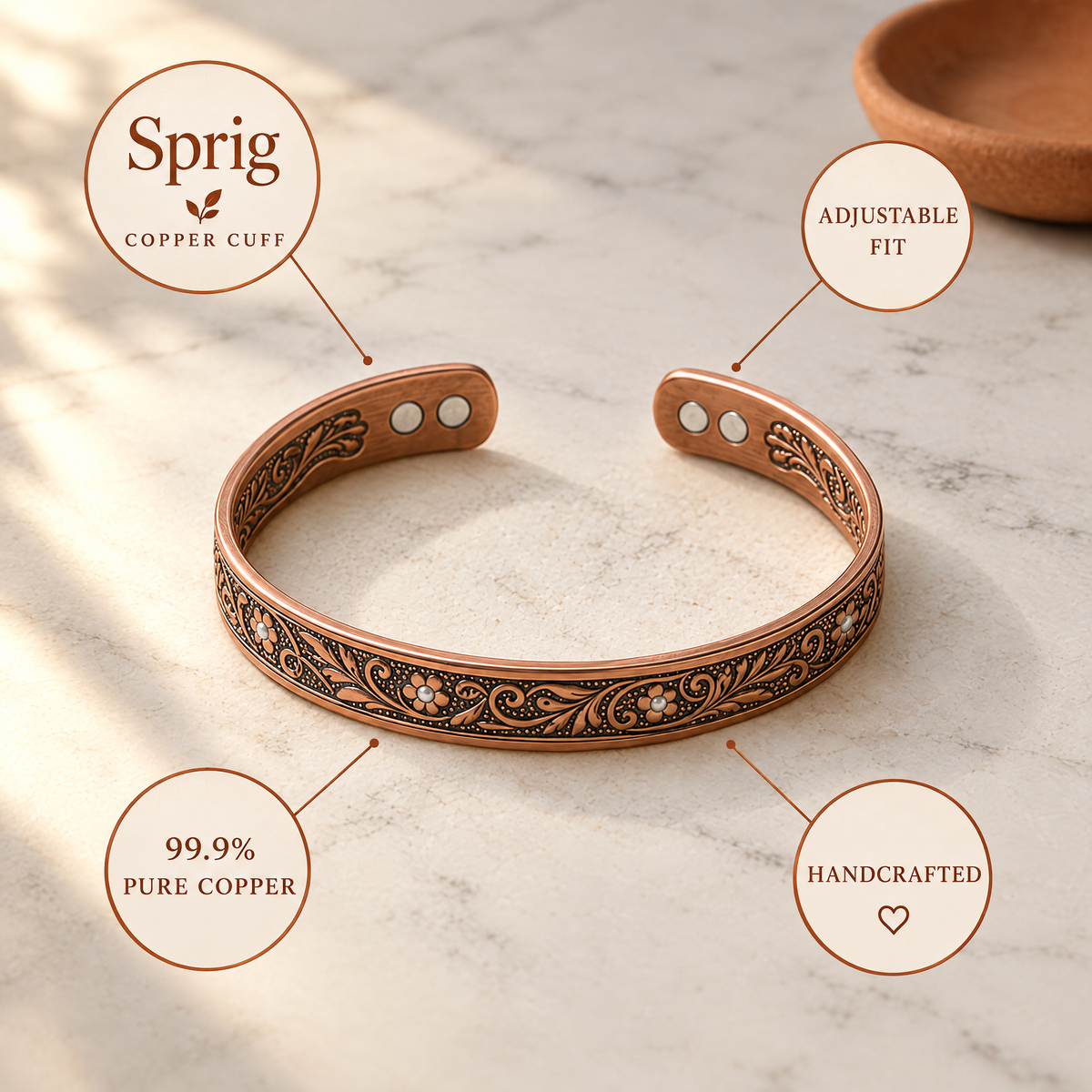 June's Sprig Copper Bracelet – pure copper bracelet on a warm neutral background - photo 6