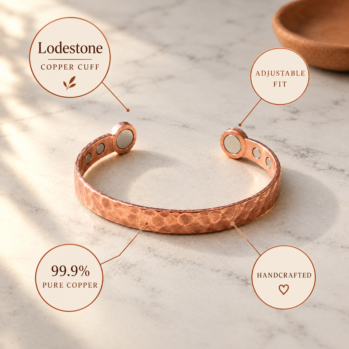 June's Lodestone Copper Bracelet – pure copper bracelet on a warm neutral background - photo 7