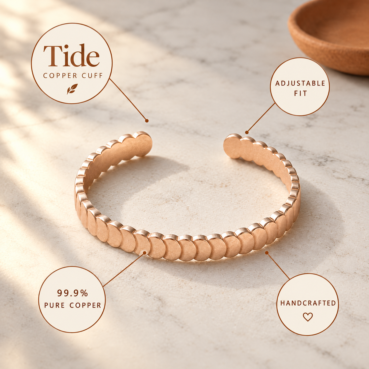 June's Tide Copper Bracelet – pure copper bracelet on a warm neutral background - photo 6
