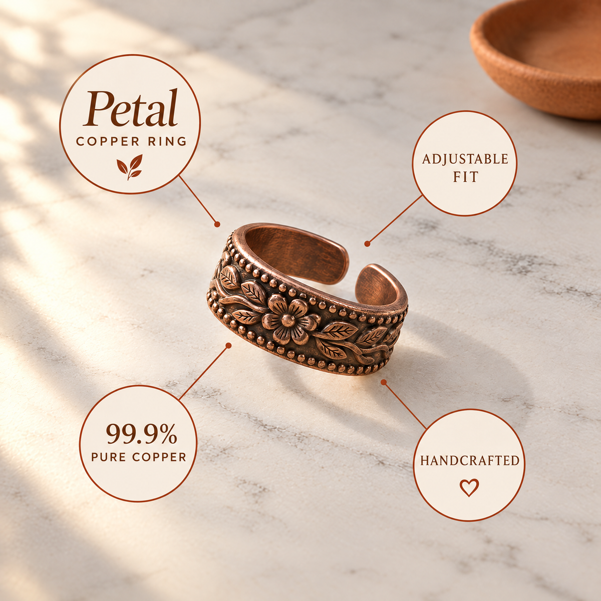 June's Petal Copper Ring – pure copper ring on a warm neutral background - photo 6
