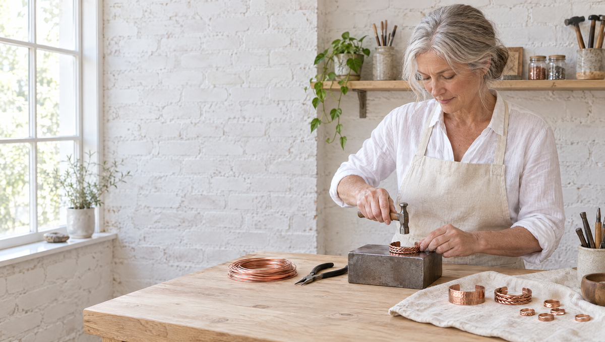 June at her workbench